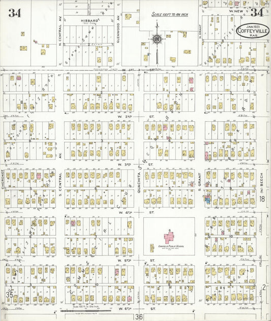 Sanborn Fire Insurance Map from Coffeyville, Montgomery County, Kansas (1923), Sheet #0034 - Historic Sanborn Fire Insurance Map Print, vintage old map wall art, antique decor, genealogy gift, Kansas Kansas map