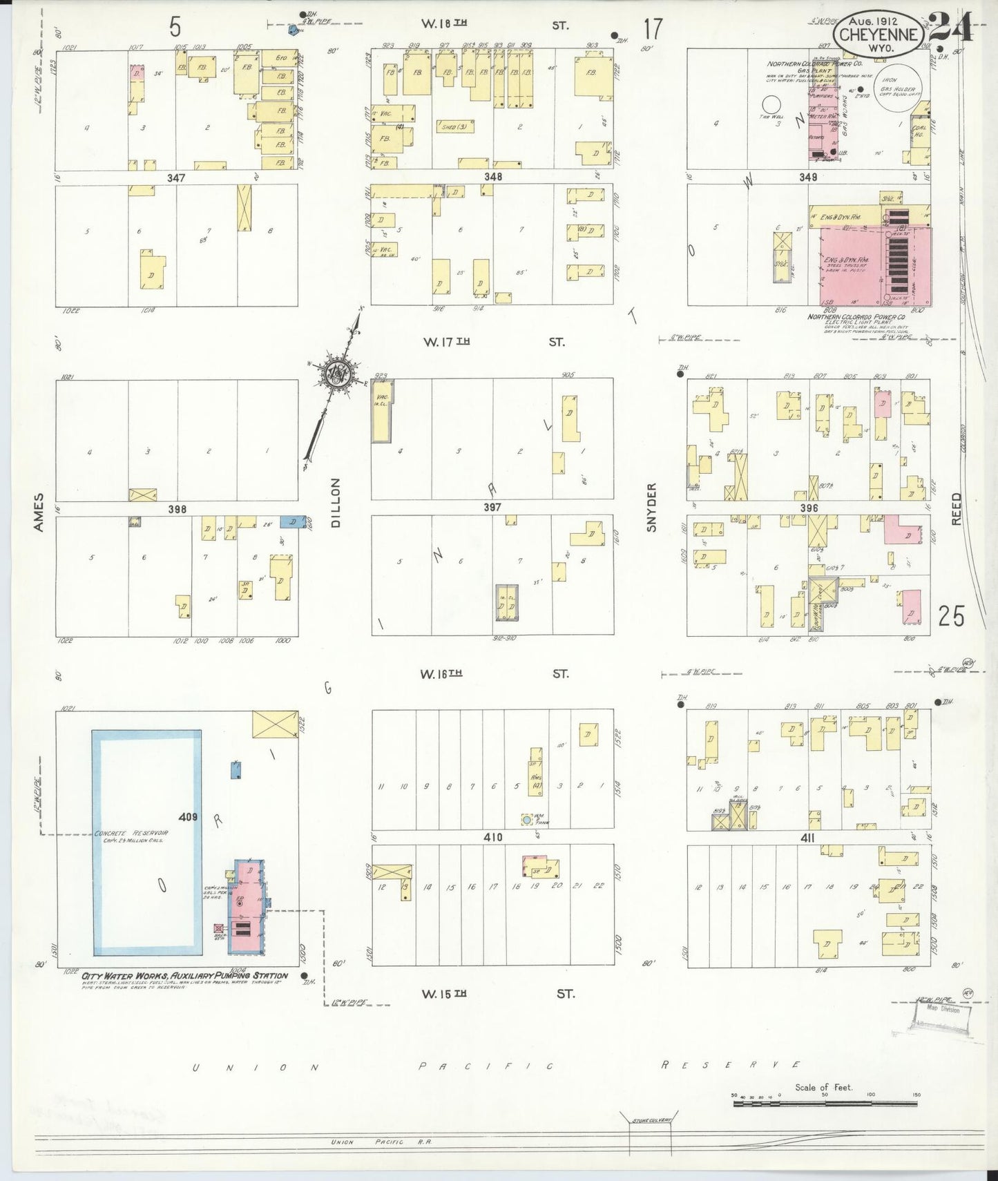 Sanborn Fire Insurance Map from Cheyenne, Laramie County, Wyoming (1912), Sheet #0024 - Complete Map Set gallery image, historic Sanborn map, vintage wall art, Wyoming Wyoming