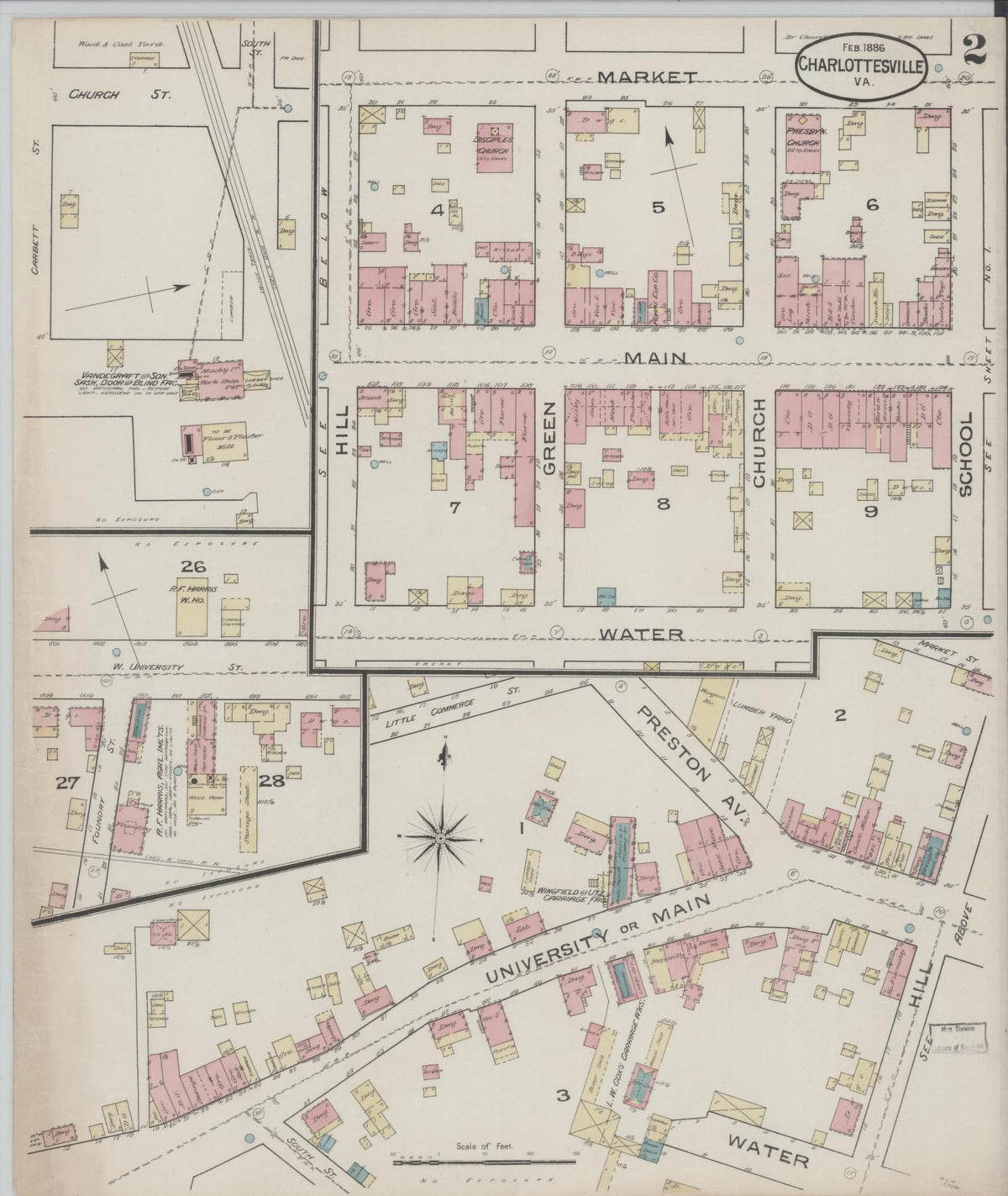 Sanborn Fire Insurance Map from Charlottesville, Independent Cities, Virginia (1886), Sheet #0002 - Historic Sanborn Fire Insurance Map Print, vintage old map wall art, antique decor, genealogy gift, Virginia Virginia map