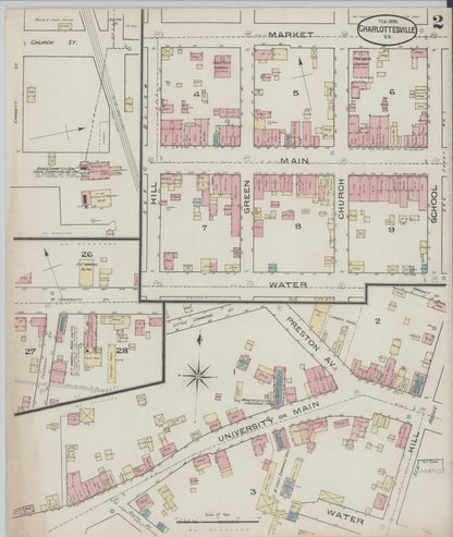 Sanborn Fire Insurance Map from Charlottesville, Independent Cities, Virginia (1886), Sheet #0002 - Historic Sanborn Fire Insurance Map Print, vintage old map wall art, antique decor, genealogy gift, Virginia Virginia map