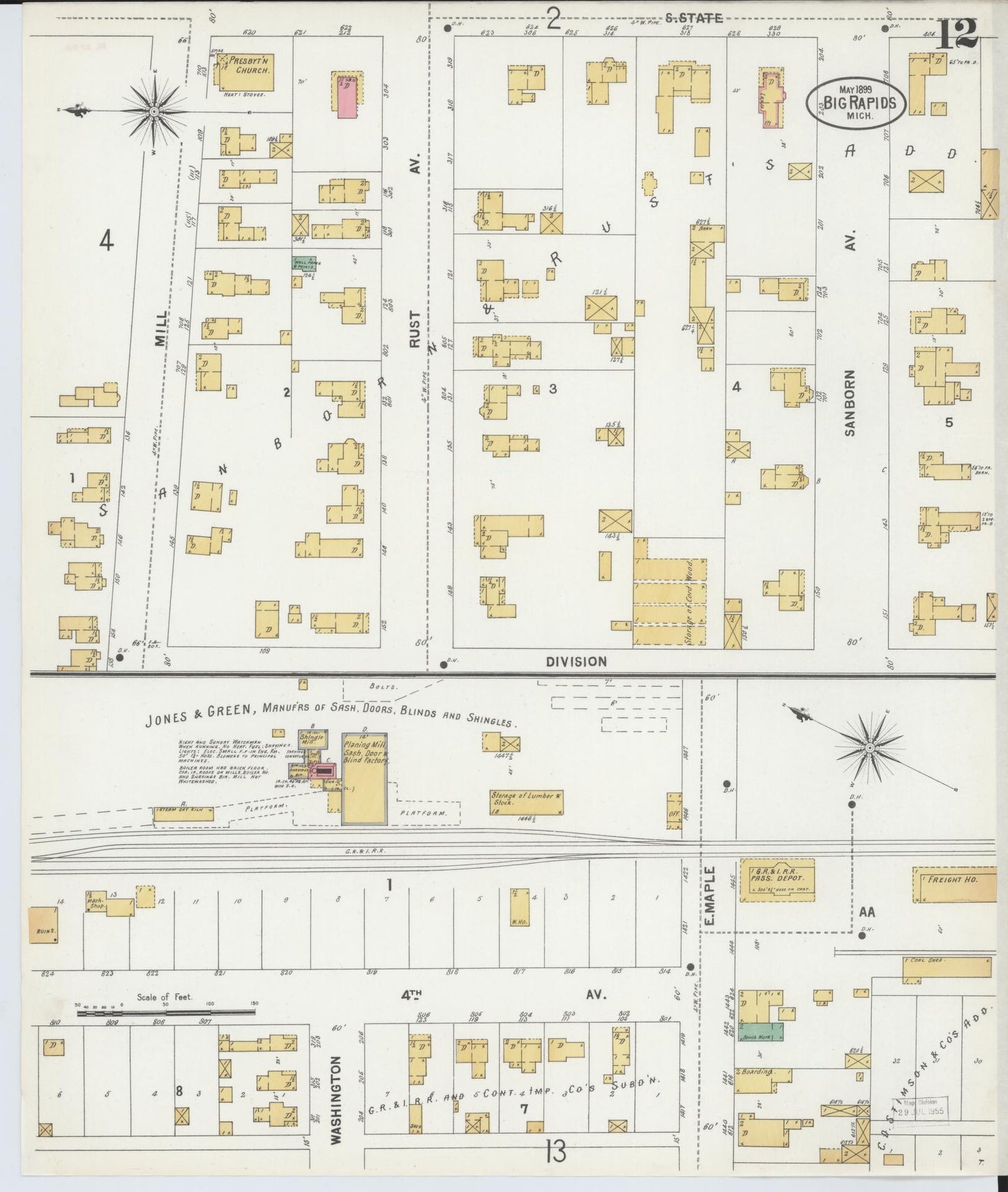 Sanborn Fire Insurance Map from Big Rapids, Mecosta County, Michigan (1899), Sheet #0012 - Complete Map Set gallery image, historic Sanborn map, vintage wall art, Michigan Michigan