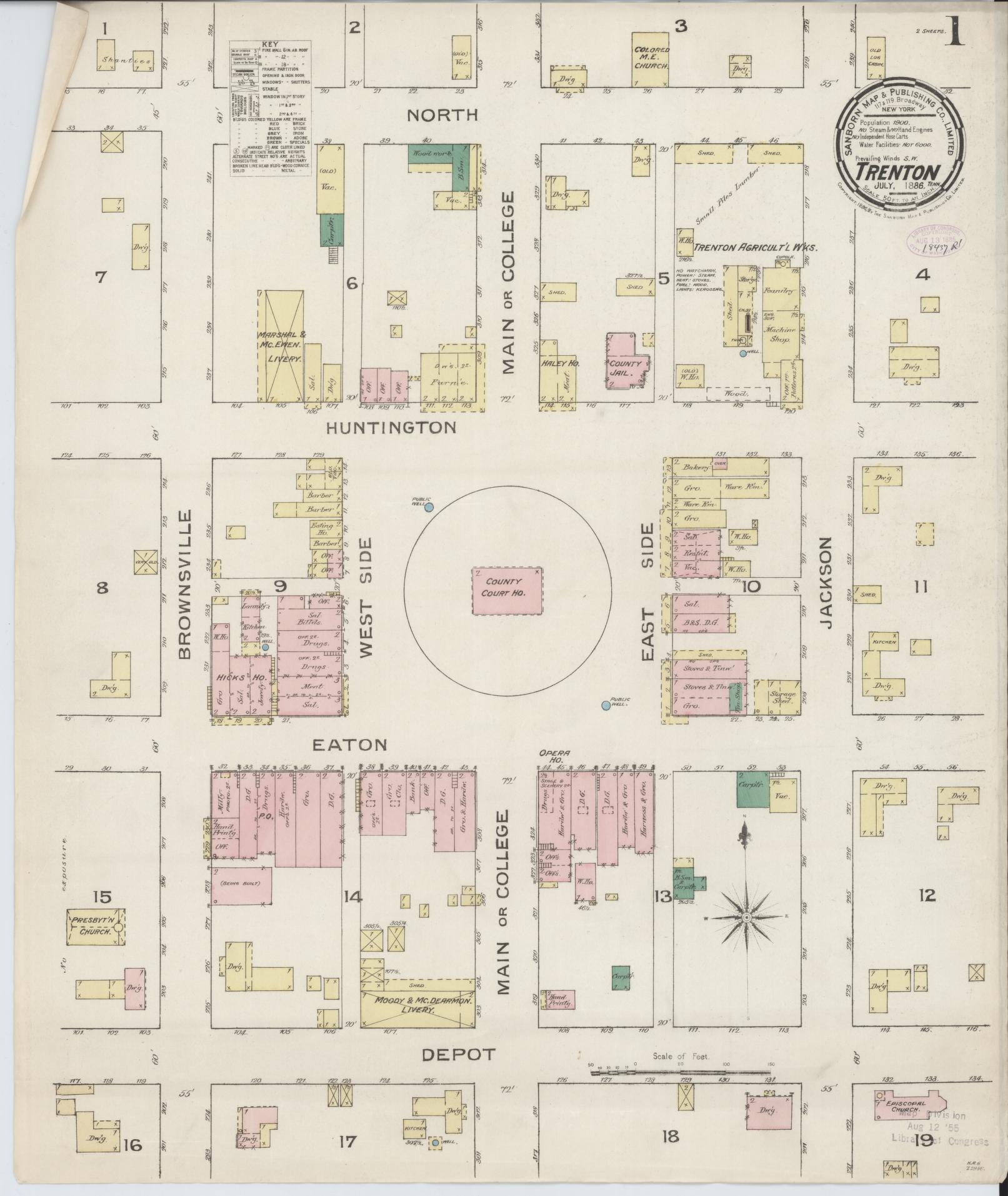 Sanborn Fire Insurance Map from Trenton, Gibson County, Tennessee (1886), Sheet #0001 - Complete Map Set gallery image, historic Sanborn map, vintage wall art, Tennessee Tennessee