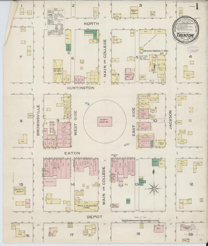 Sanborn Fire Insurance Map from Trenton, Gibson County, Tennessee (1886), Sheet #0001 - Complete Map Set gallery image, historic Sanborn map, vintage wall art, Tennessee Tennessee