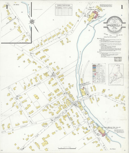 Sanborn Fire Insurance Map from Sangerville, Piscataquis County, Maine (1936), Sheet #0001 - Historic Sanborn Fire Insurance Map Print, vintage old map wall art, antique decor, genealogy gift, Maine Maine map