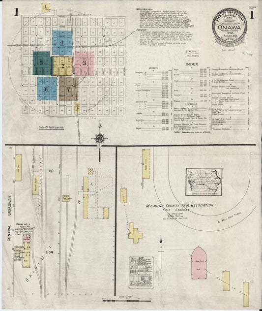 Sanborn Fire Insurance Map from Onawa, Monona County, Iowa (1924), Sheet #0001 - Historic Sanborn Fire Insurance Map Print, vintage old map wall art