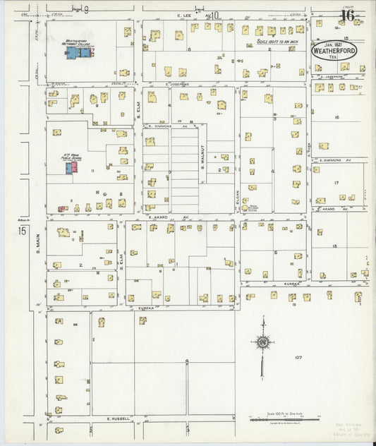 Sanborn Fire Insurance Map from Weatherford, Parker County, Texas (1921), Sheet #0016 - Historic Sanborn Fire Insurance Map Print, vintage old map wall art, antique decor, genealogy gift, Texas Texas map