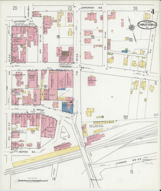 Sanborn Fire Insurance Map from Charlottesville, Independent Cities, Virginia (1920), Sheet #0004 - Historic Sanborn Fire Insurance Map Print, vintage old map wall art, antique decor, genealogy gift, Virginia Virginia map