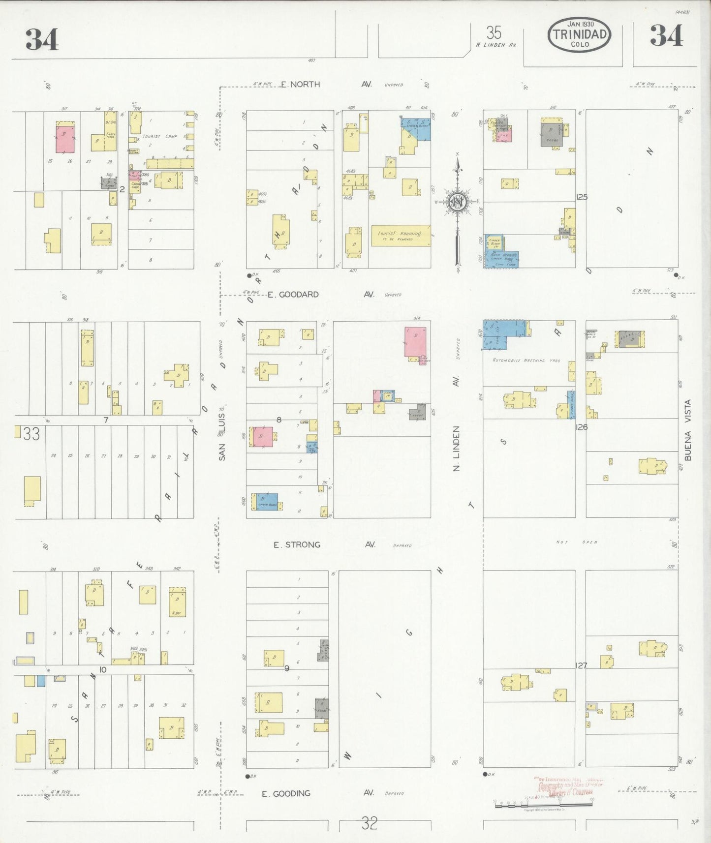 Sanborn Fire Insurance Map from Trinidad, Las Animas County, Colorado (1930), Sheet #0034 - Complete Map Set gallery image, historic Sanborn map, vintage wall art, Colorado Colorado