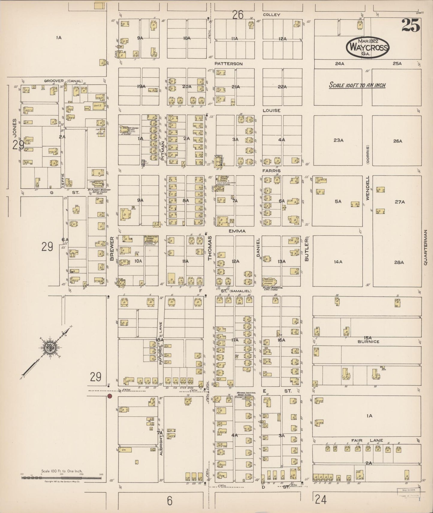 Sanborn Fire Insurance Map from Waycross, Ware County, Georgia (1922), Sheet #0025 - Complete Map Set gallery image, historic Sanborn map, vintage wall art, Georgia Georgia