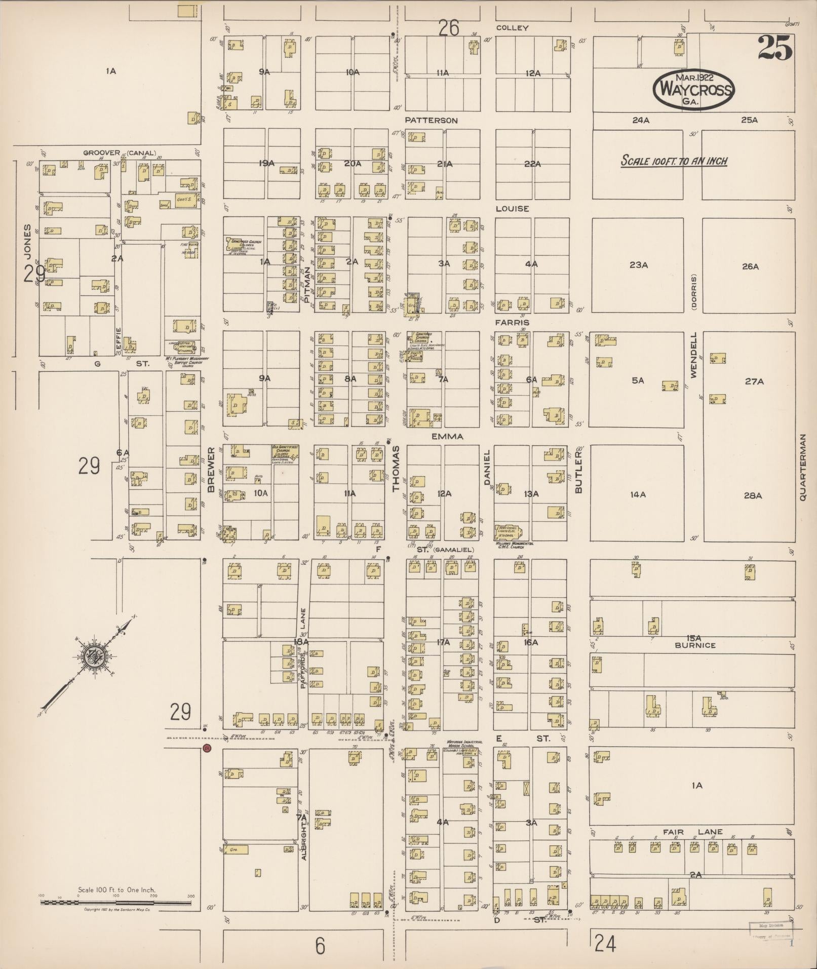 Sanborn Fire Insurance Map from Waycross, Ware County, Georgia (1922), Sheet #0025 - Complete Map Set gallery image, historic Sanborn map, vintage wall art, Georgia Georgia