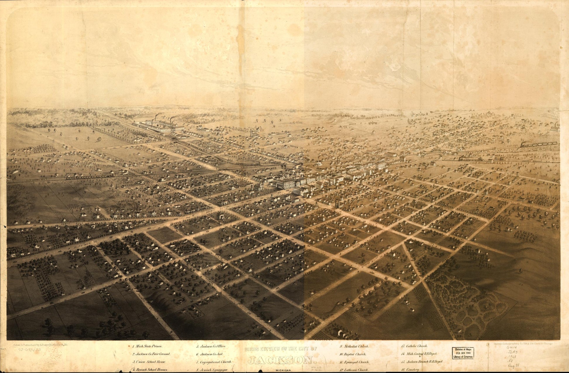 Birds eye view of the city of Jackson, Michigan. (1868) – Historic Bird’s-Eye View Panorama Print