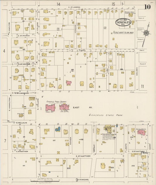 Sanborn Fire Insurance Map from Gonzales, Gonzales County, Texas (1922), Sheet #0010 - Historic Sanborn Fire Insurance Map Print, vintage old map wall art, antique decor, genealogy gift, Texas Texas map