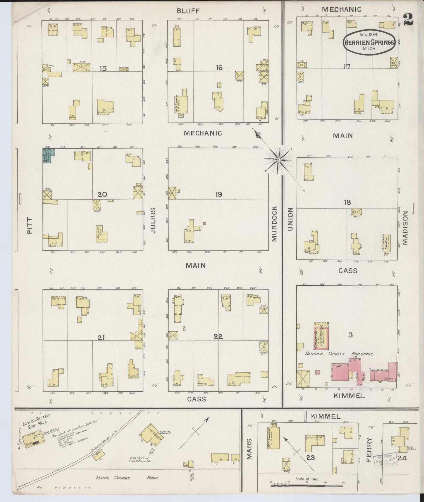 Sanborn Fire Insurance Map from Berrien Springs, Berrien County, Michigan (1893), Sheet #0002 - Historic Sanborn Fire Insurance Map Print, vintage old map wall art, antique decor, genealogy gift, Michigan Michigan map