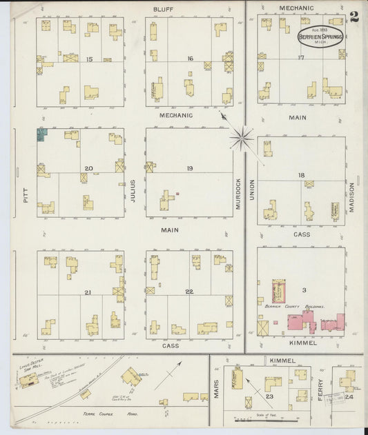 Sanborn Fire Insurance Map from Berrien Springs, Berrien County, Michigan (1893), Sheet #0002 - Historic Sanborn Fire Insurance Map Print, vintage old map wall art, antique decor, genealogy gift, Michigan Michigan map