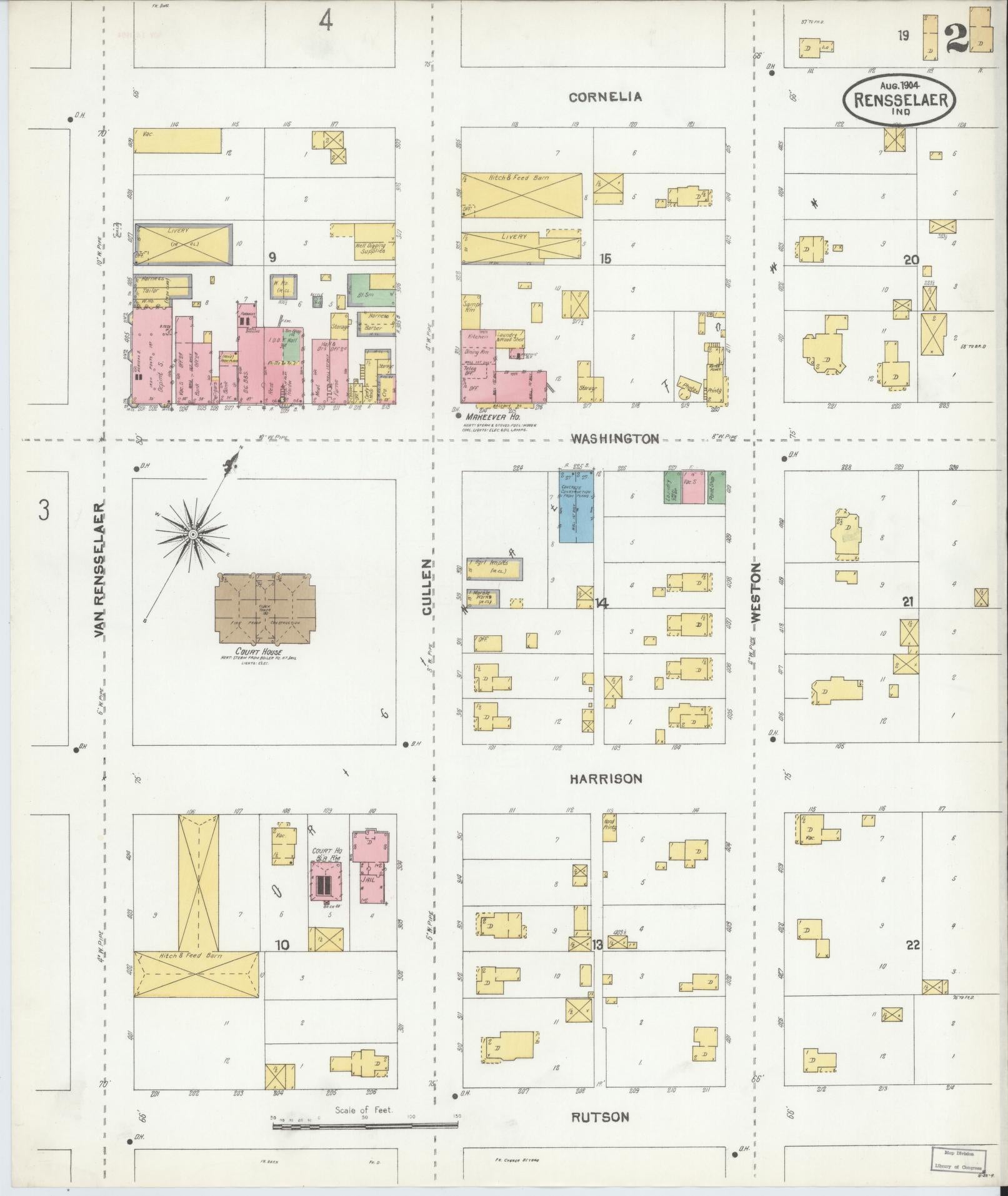 Sanborn Fire Insurance Map from Rensselaer, Jasper County, Indiana (1904), Sheet #0002 - Complete Map Set gallery image, historic Sanborn map, vintage wall art, Indiana Indiana