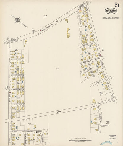 Sanborn Fire Insurance Map from Arlington, Middlesex County, Massachusetts (1922), Sheet #0021 - Historic Sanborn Fire Insurance Map Print, vintage old map wall art, antique decor, genealogy gift, Massachusetts Massachusetts map