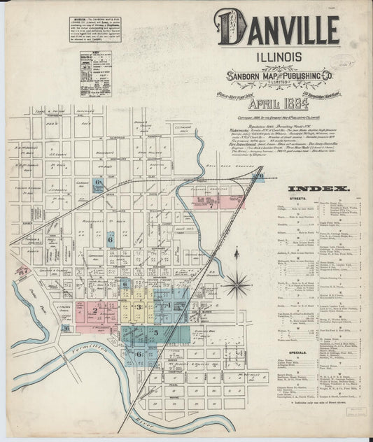 Sanborn Fire Insurance Map from Danville, Vermilion County, Illinois (1884), Sheet #0001 - Historic Sanborn Fire Insurance Map Print, vintage old map wall art, antique decor, genealogy gift, Illinois Illinois map