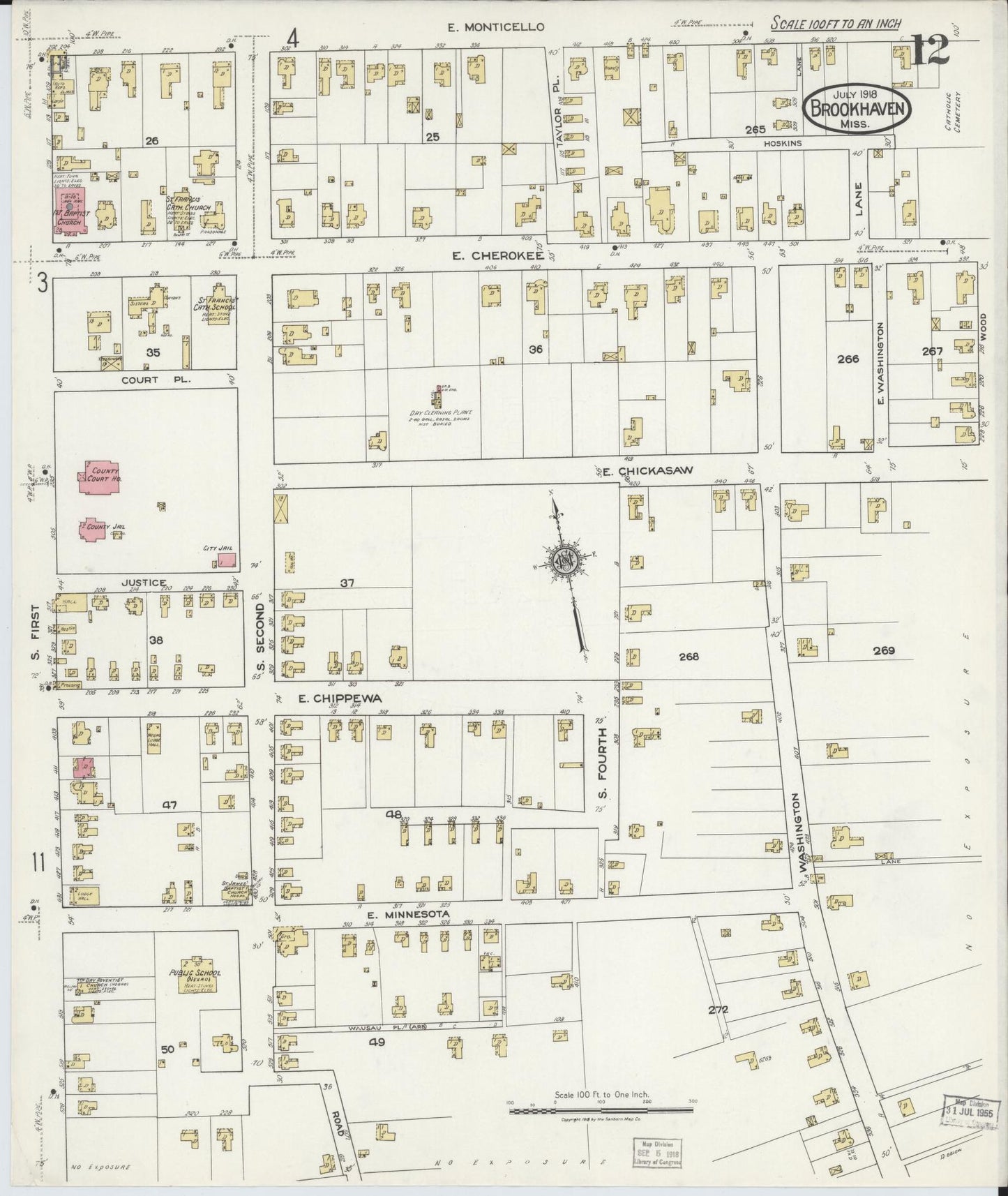 Sanborn Fire Insurance Map from Brookhaven, Lincoln County, Mississippi (1918), Sheet #0012 - Complete Map Set gallery image, historic Sanborn map, vintage wall art, Mississippi Mississippi