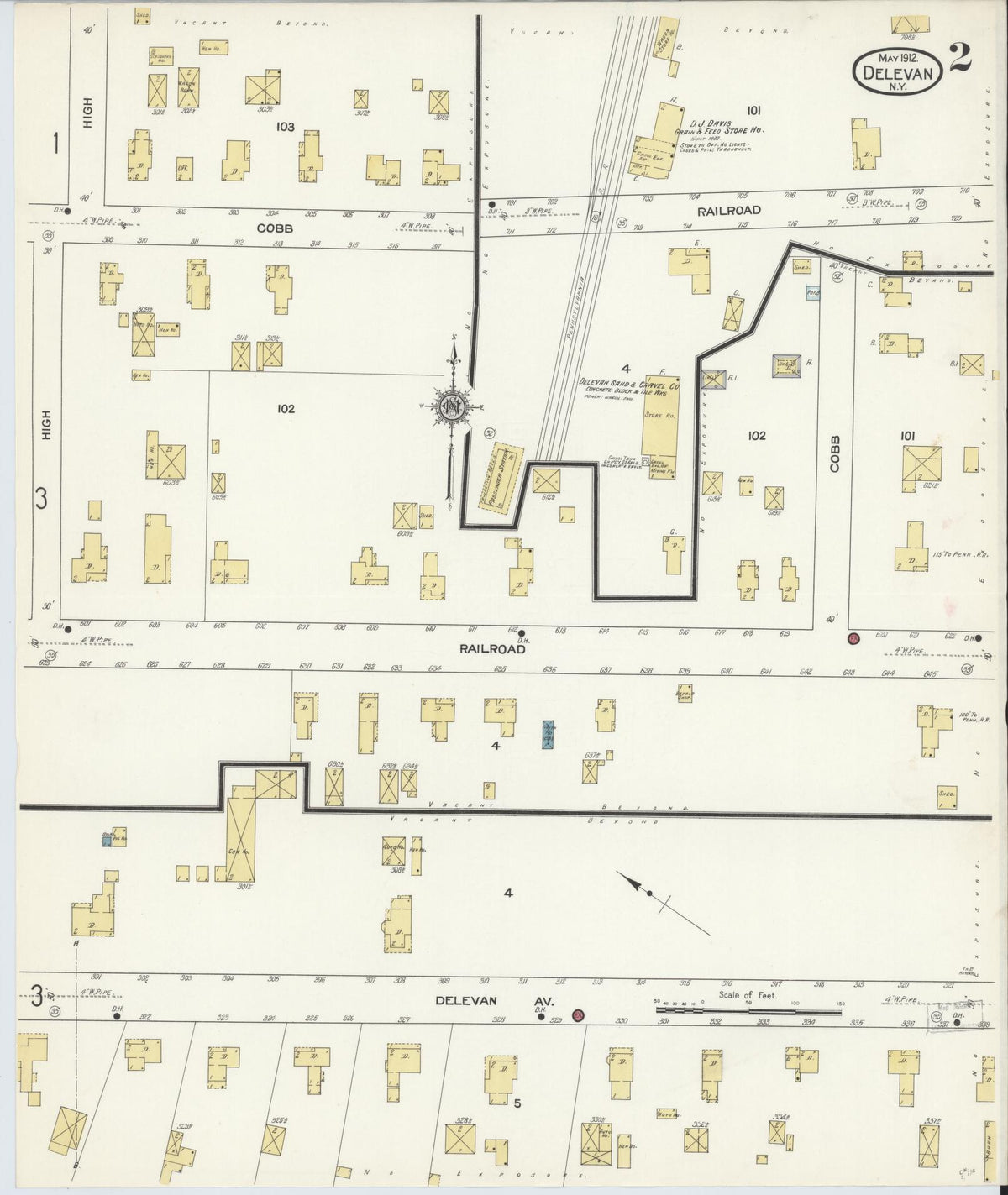 Sanborn Fire Insurance Map from Delevan, Cattaraugus County, New York (1912), Sheet #0002 - Historic Sanborn Fire Insurance Map Print, vintage old map wall art, antique decor, genealogy gift, New York New York map