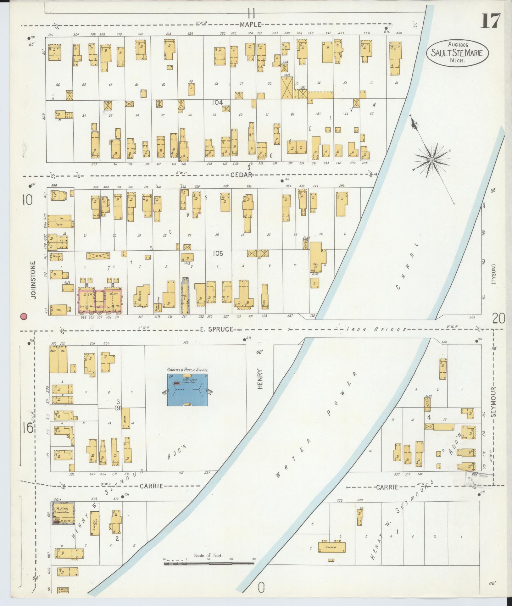 Sanborn Fire Insurance Map from Sault Sainte Marie, Chippewa County, Michigan (1906), Sheet #0017 - Historic Sanborn Fire Insurance Map Print, vintage old map wall art, antique decor, genealogy gift, Michigan Michigan map