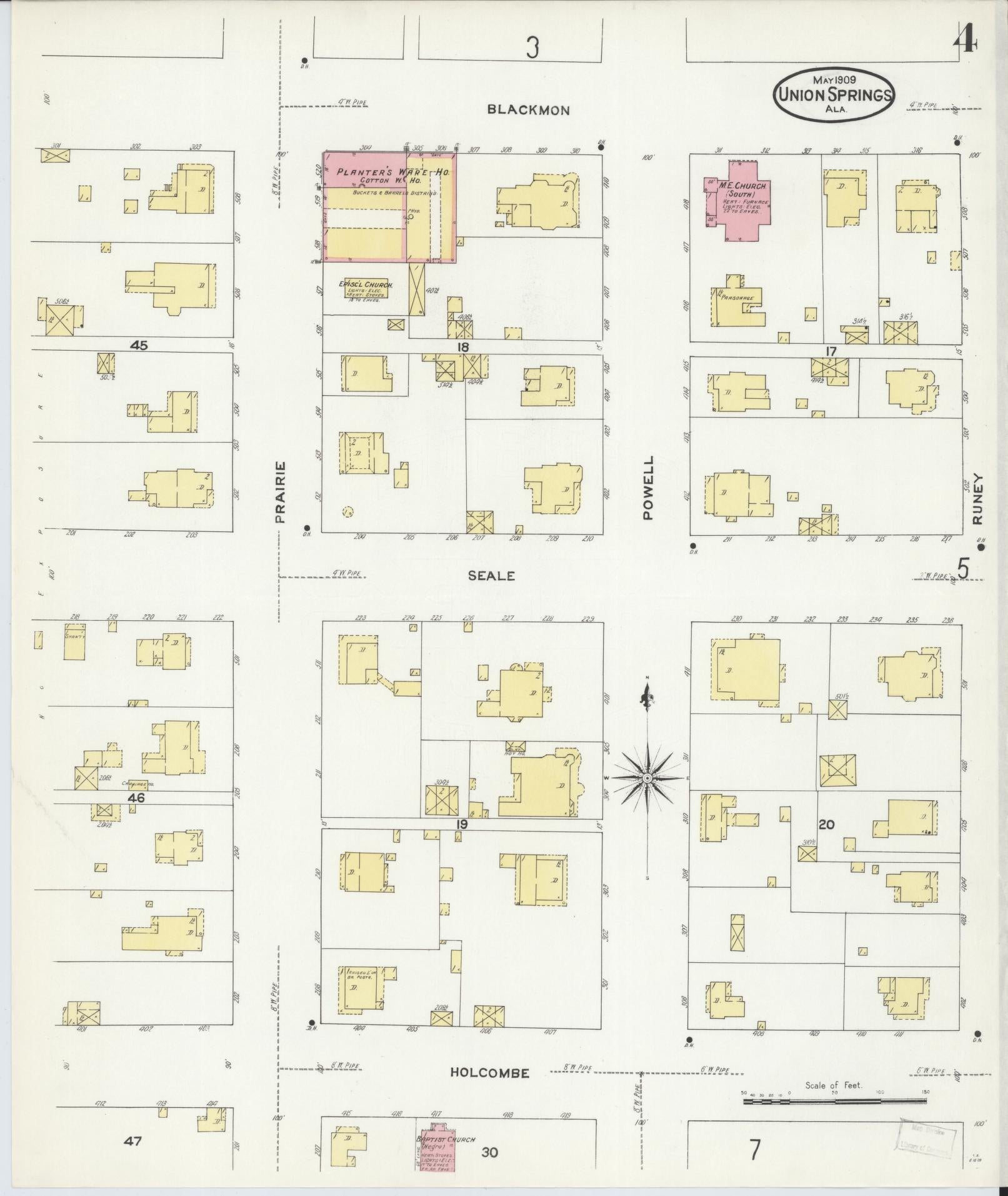 Sanborn Fire Insurance Map from Union Springs, Bullock County, Alabama (1909), Sheet #0004 - Complete Map Set gallery image, historic Sanborn map, vintage wall art, Alabama Alabama