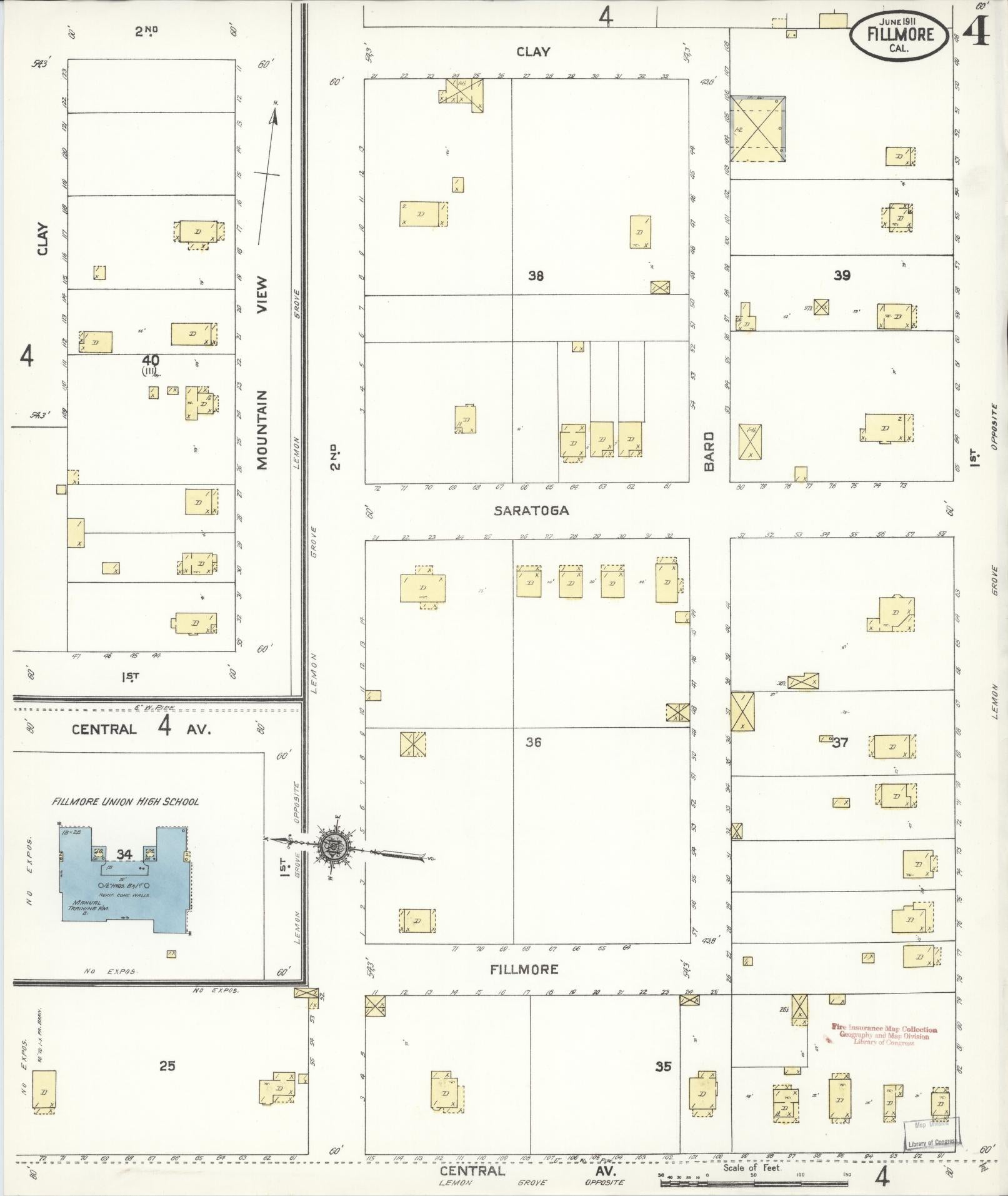 Sanborn Fire Insurance Map from Fillmore, Ventura County, California (1911), Sheet #0004 - Complete Map Set gallery image, historic Sanborn map, vintage wall art, California California