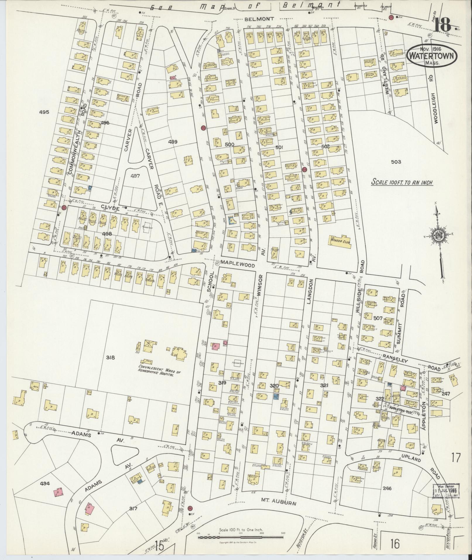 Sanborn Fire Insurance Map from Watertown, Middlesex County, Massachusetts (1916), Sheet #0018 - Complete Map Set gallery image, historic Sanborn map, vintage wall art, Massachusetts Massachusetts