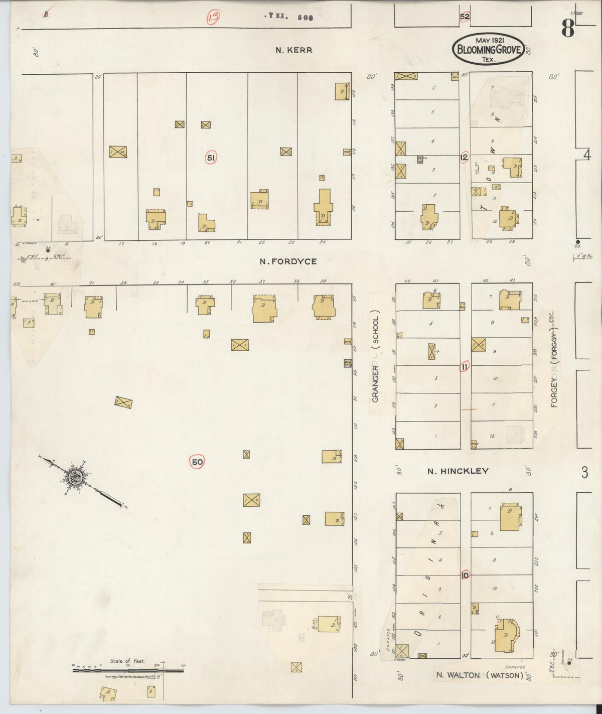 Sanborn Fire Insurance Map from Blooming Grove, Navarro County, Texas (1934), Sheet #0008 - Complete Map Set gallery image, historic Sanborn map, vintage wall art, Texas Texas