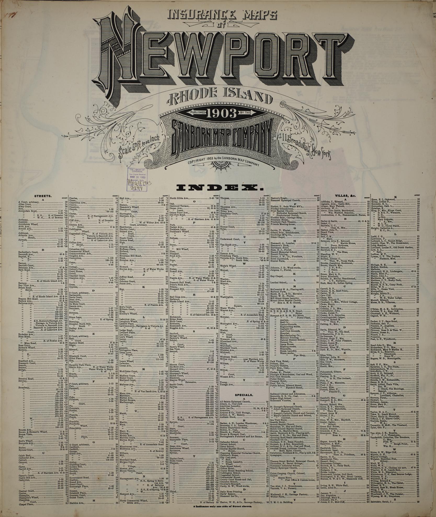 Sanborn Fire Insurance Map from Newport, Newport County, Rhode Island. (1903) – Historic Sanborn Fire Insurance Map Print