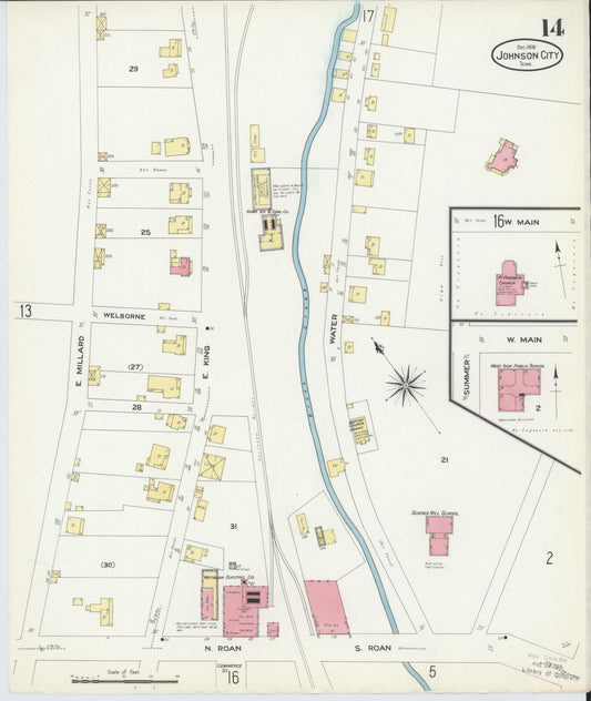 Sanborn Fire Insurance Map from Johnson City, Washington County, Tennessee (1908), Sheet #0014 - Historic Sanborn Fire Insurance Map Print, vintage old map wall art, antique decor, genealogy gift, Tennessee Tennessee map