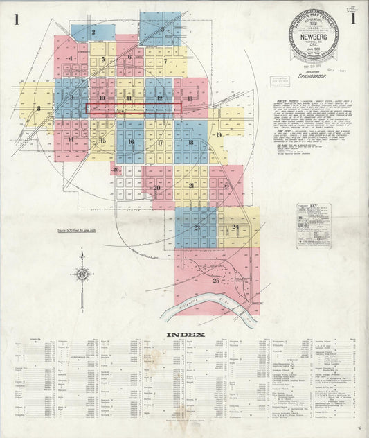 Sanborn Fire Insurance Map from Newberg, Yamhill County, Oregon (1929), Sheet #0001 - Historic Sanborn Fire Insurance Map Print, vintage old map wall art, antique decor, genealogy gift, Oregon Oregon map