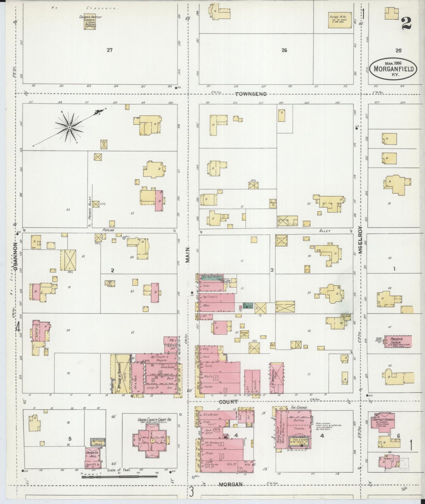 Sanborn Fire Insurance Map from Morganfield, Union County, Kentucky (1906), Sheet #0002 - Complete Map Set gallery image, historic Sanborn map, vintage wall art, Kentucky Kentucky