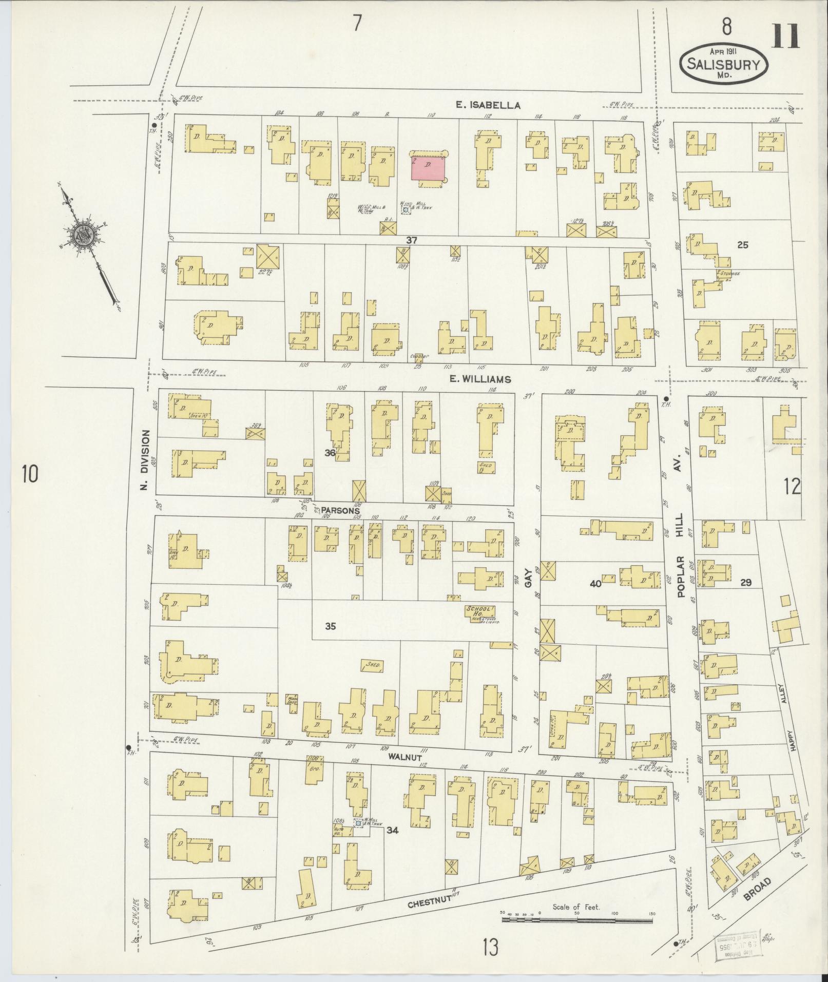 Sanborn Fire Insurance Map from Salisbury, Wicomico County, Maryland (1911), Sheet #0011 - Historic Sanborn Fire Insurance Map Print, vintage old map wall art
