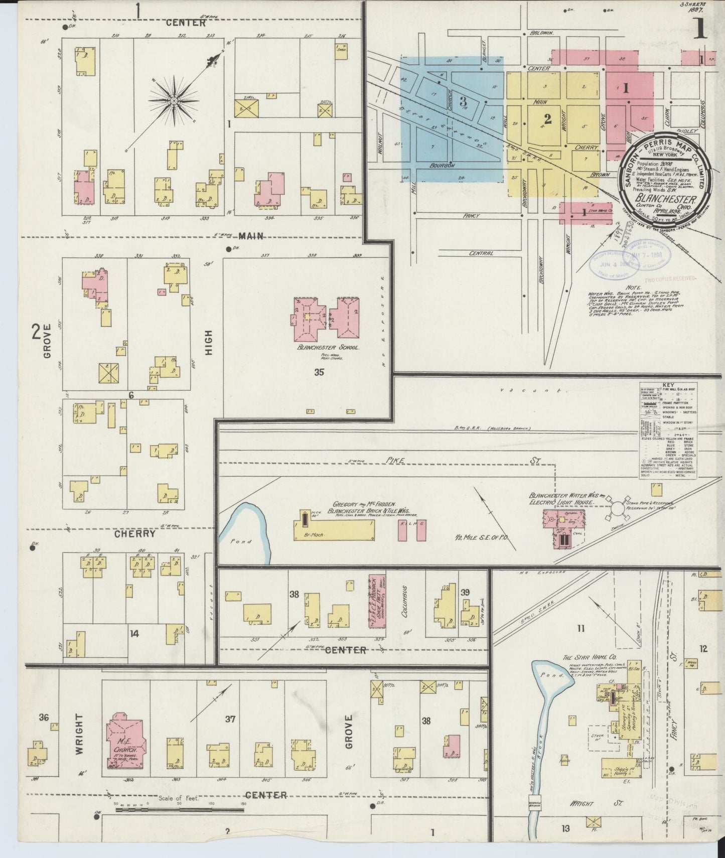Sanborn Fire Insurance Map from Blanchester, Clinton County, Ohio (1898), Sheet #0001 - Historic Sanborn Fire Insurance Map Print, vintage old map wall art, antique decor, genealogy gift, Ohio Ohio map