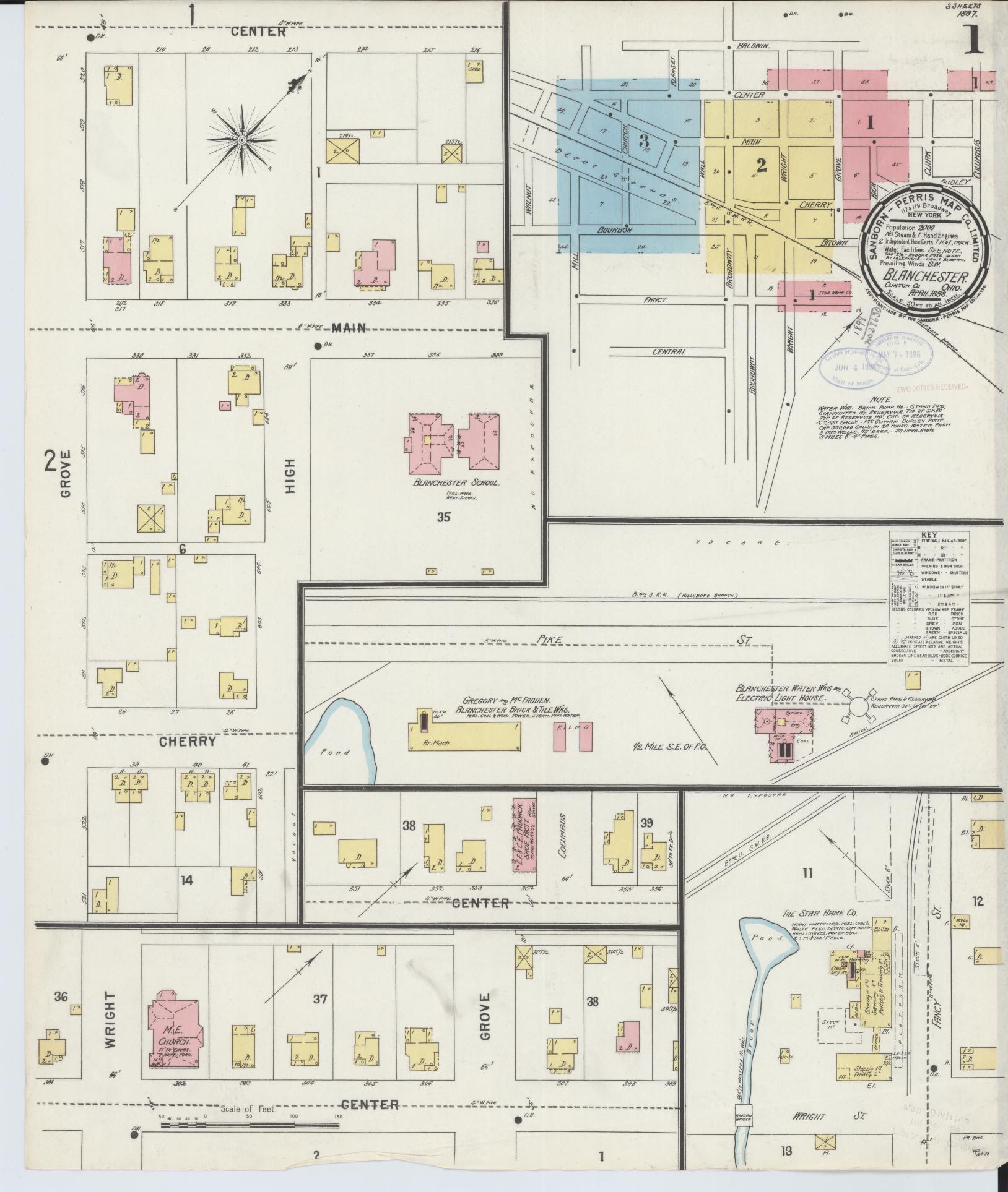 Sanborn Fire Insurance Map from Blanchester, Clinton County, Ohio (1898), Sheet #0001 - Historic Sanborn Fire Insurance Map Print, vintage old map wall art, antique decor, genealogy gift, Ohio Ohio map