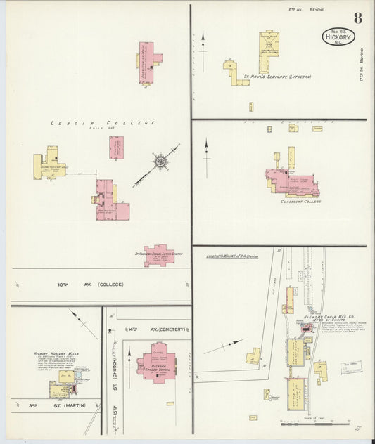 Sanborn Fire Insurance Map from Hickory, Catawba County, North Carolina (1913), Sheet #0008 - Historic Sanborn Fire Insurance Map Print, vintage old map wall art, antique decor, genealogy gift, North Carolina North Carolina map