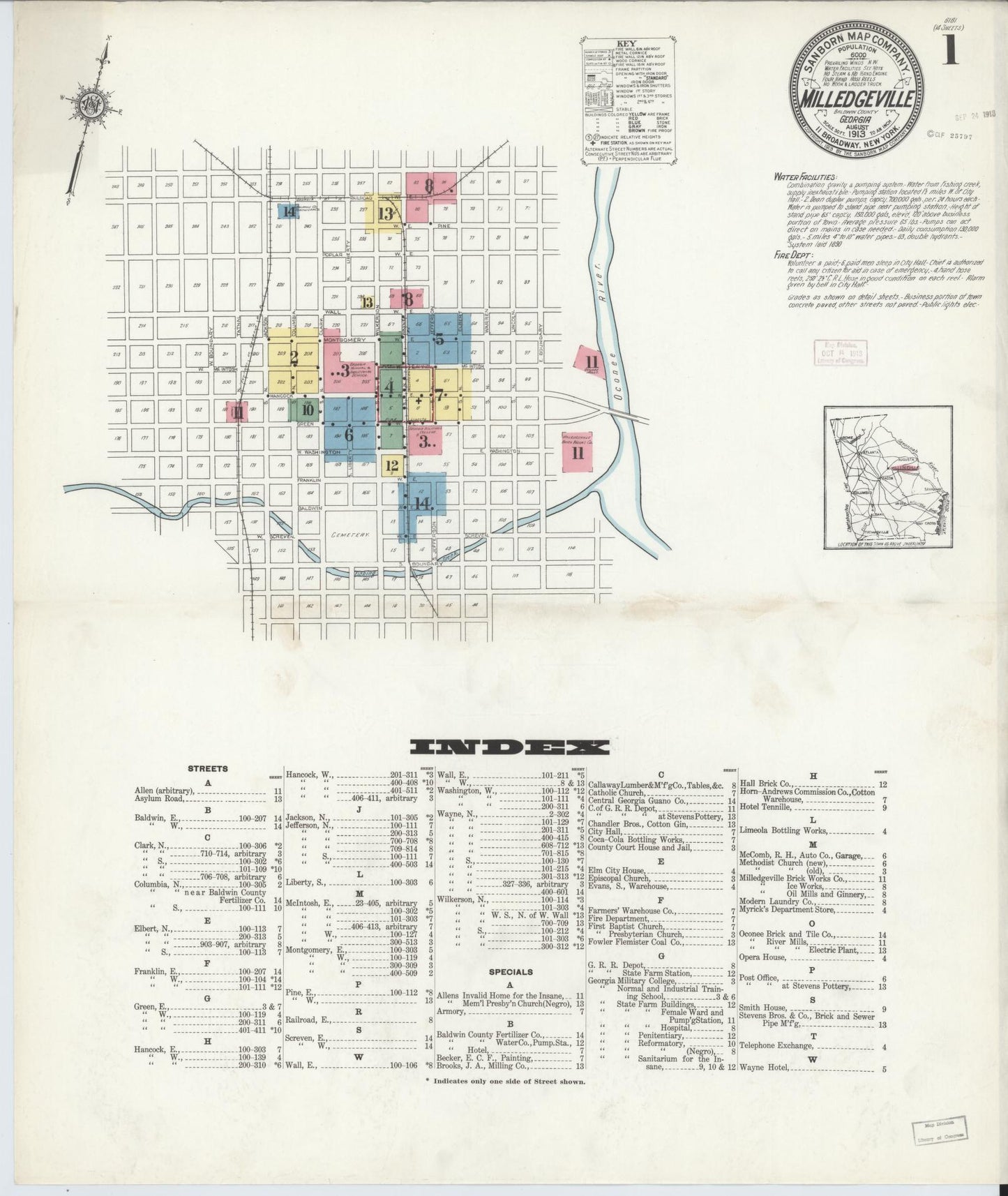 Sanborn Fire Insurance Map from Milledgeville, Baldwin County, Georgia (1913), Sheet #0001 - Complete Map Set gallery image, historic Sanborn map, vintage wall art, Georgia Georgia