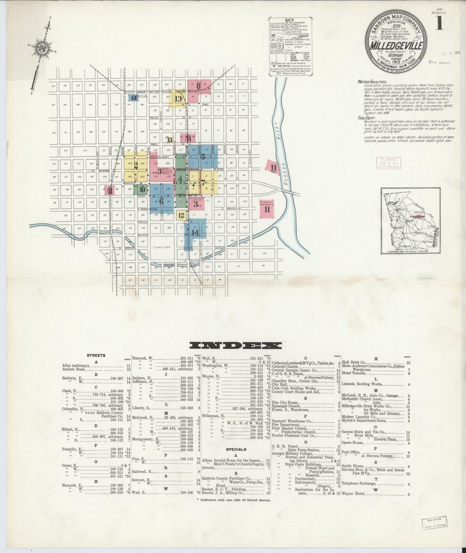 Sanborn Fire Insurance Map from Milledgeville, Baldwin County, Georgia (1913), Sheet #0001 - Complete Map Set gallery image, historic Sanborn map, vintage wall art, Georgia Georgia