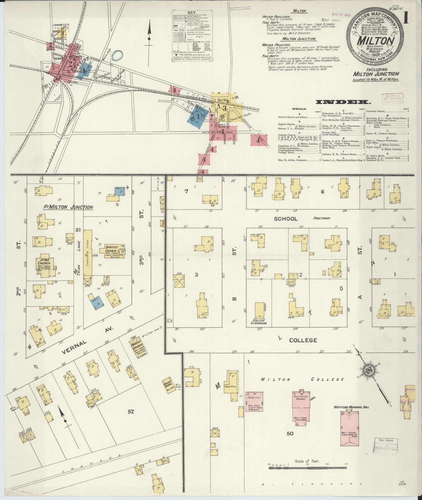 Sanborn Fire Insurance Map from Milton, Rock County, Wisconsin (1909), Sheet #0001 - Complete Map Set gallery image, historic Sanborn map, vintage wall art, Wisconsin Wisconsin