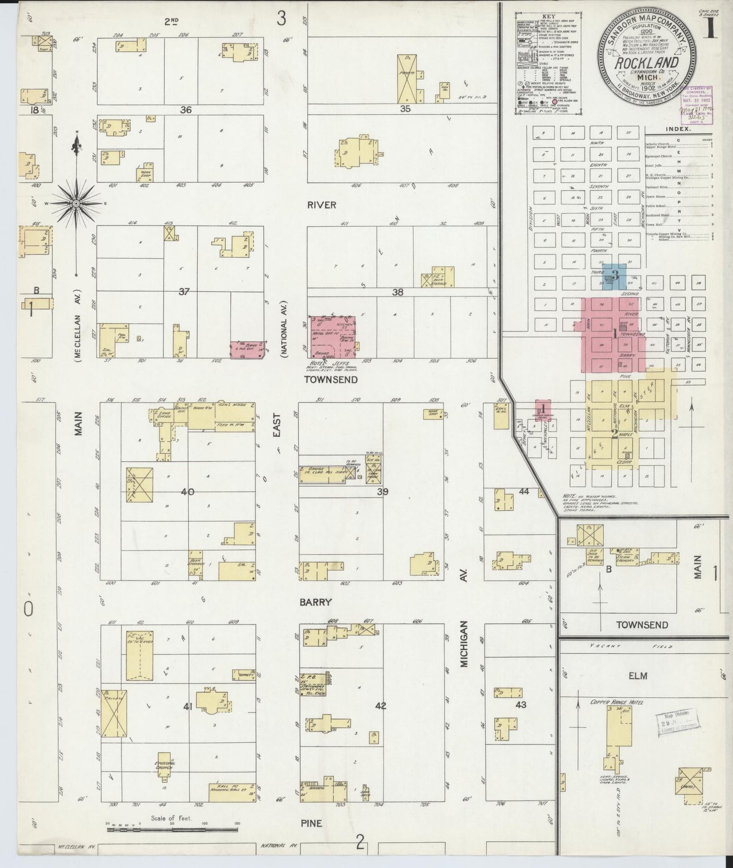 Sanborn Fire Insurance Map from Rockland, Ontonagon County, Michigan (1902), Sheet #0001 - Historic Sanborn Fire Insurance Map Print, vintage old map wall art, antique decor, genealogy gift, Michigan Michigan map