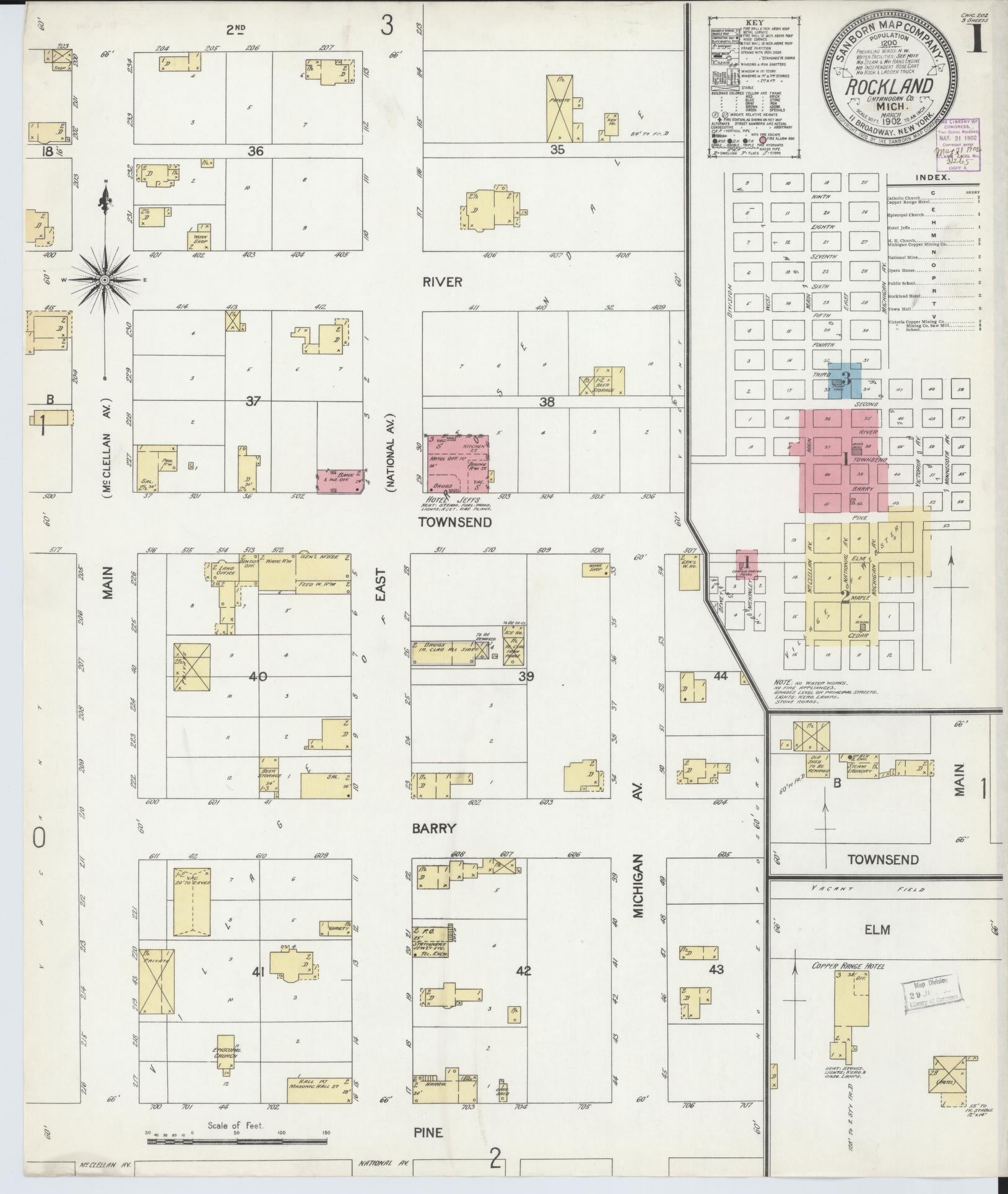 Sanborn Fire Insurance Map from Rockland, Ontonagon County, Michigan (1902), Sheet #0001 - Historic Sanborn Fire Insurance Map Print, vintage old map wall art, antique decor, genealogy gift, Michigan Michigan map