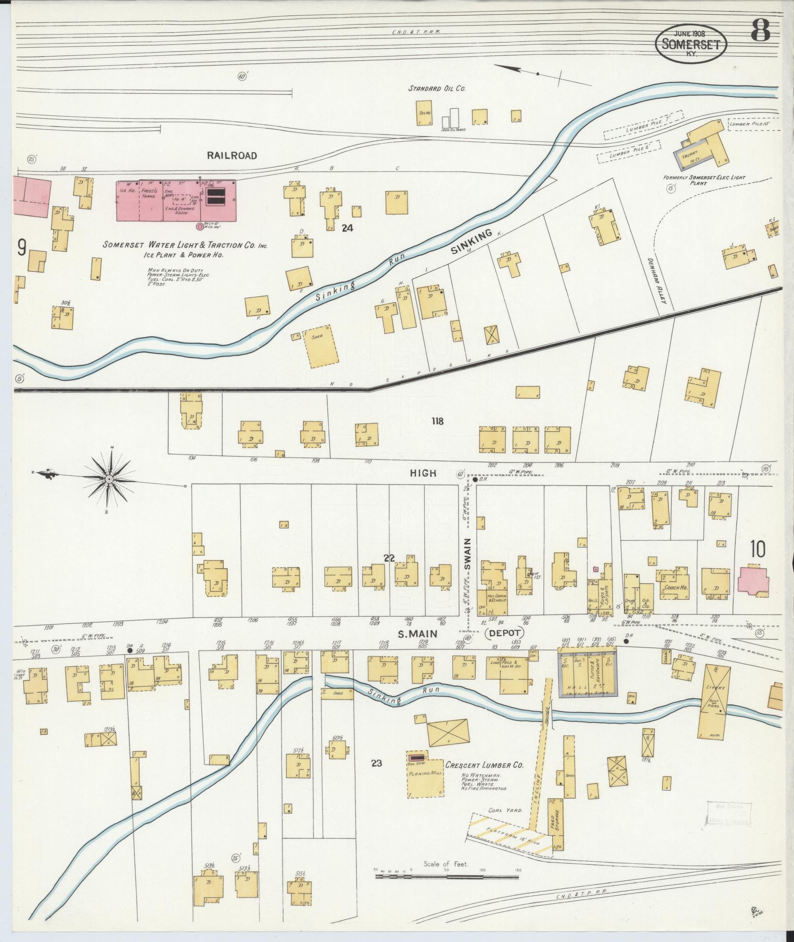 Sanborn Fire Insurance Map from Somerset, Pulaski County, Kentucky (1908), Sheet #0008 - Historic Sanborn Fire Insurance Map Print, vintage old map wall art, antique decor, genealogy gift, Kentucky Kentucky map
