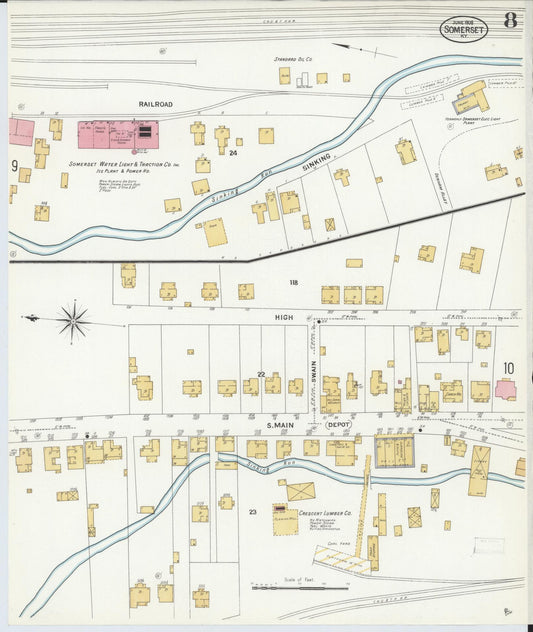 Sanborn Fire Insurance Map from Somerset, Pulaski County, Kentucky (1908), Sheet #0008 - Historic Sanborn Fire Insurance Map Print, vintage old map wall art, antique decor, genealogy gift, Kentucky Kentucky map