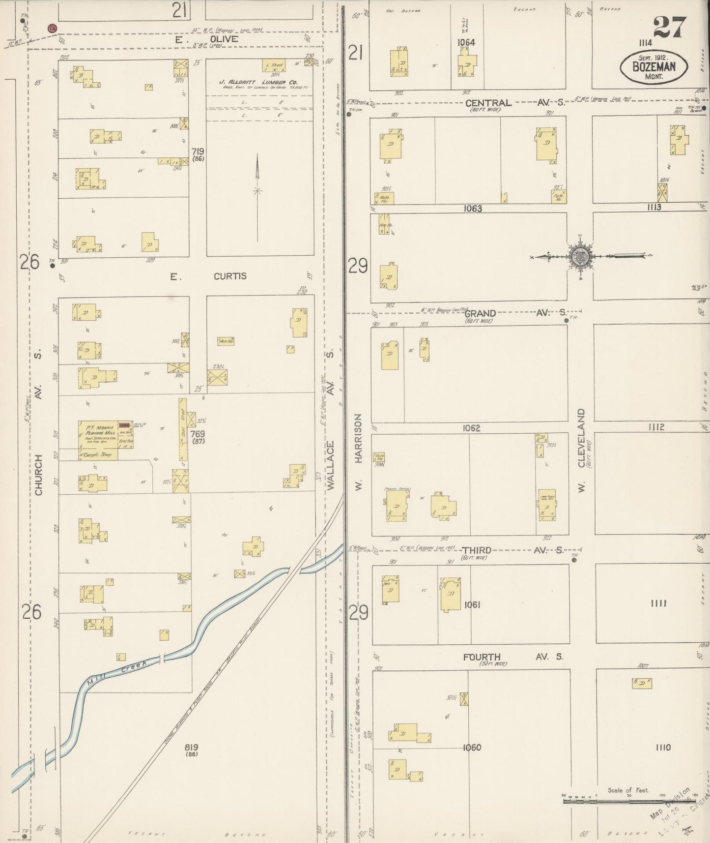 Sanborn Fire Insurance Map from Bozeman, Gallatin County, Montana (1912), Sheet #0027 - Historic Sanborn Fire Insurance Map Print, vintage old map wall art, antique decor, genealogy gift, Montana Montana map