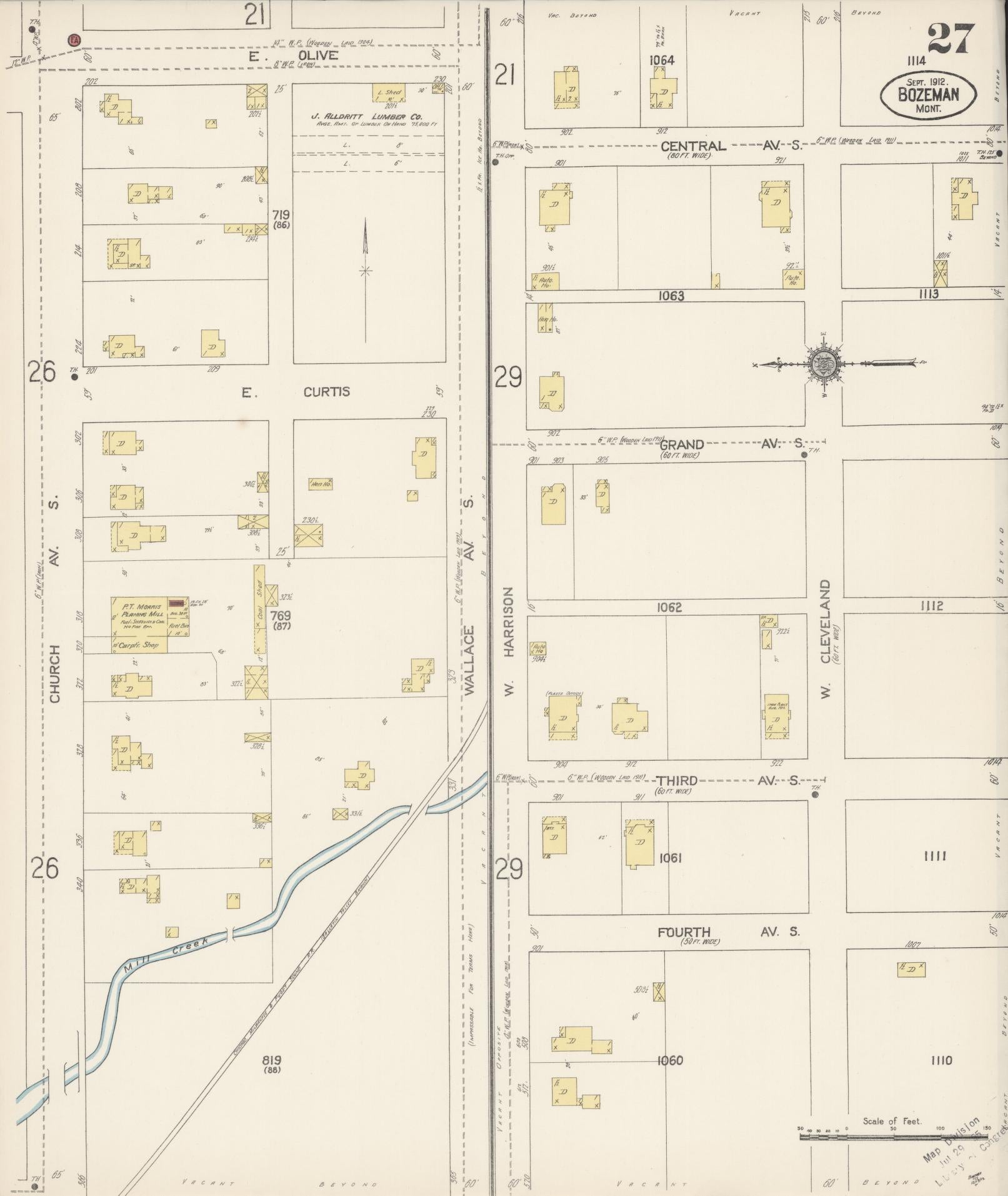 Sanborn Fire Insurance Map from Bozeman, Gallatin County, Montana (1912), Sheet #0027 - Historic Sanborn Fire Insurance Map Print, vintage old map wall art, antique decor, genealogy gift, Montana Montana map