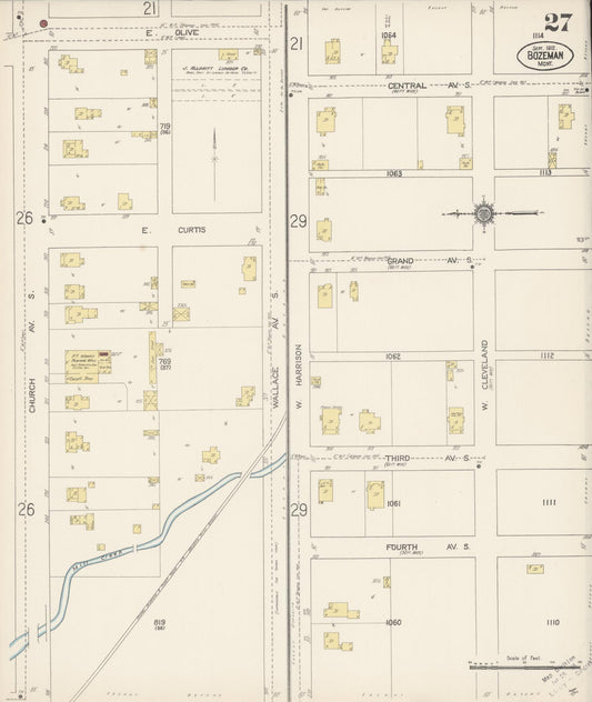 Sanborn Fire Insurance Map from Bozeman, Gallatin County, Montana (1912), Sheet #0027 - Historic Sanborn Fire Insurance Map Print, vintage old map wall art, antique decor, genealogy gift, Montana Montana map