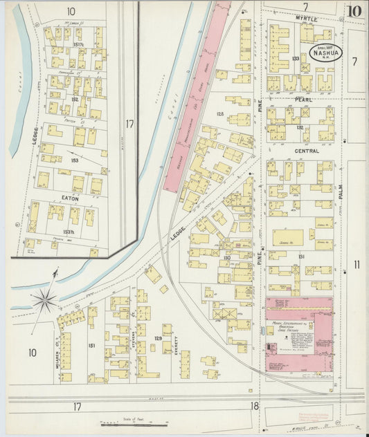 Sanborn Fire Insurance Map from Nashua, Hillsborough County, New Hampshire (1897), Sheet #0010 - Historic Sanborn Fire Insurance Map Print, vintage old map wall art, antique decor, genealogy gift, New Hampshire New Hampshire map