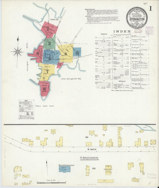 Sanborn Fire Insurance Map from Stonington, New London County, Connecticut (1907), Sheet #0001 - Historic Sanborn Fire Insurance Map Print, vintage old map wall art, antique decor, genealogy gift, Connecticut Connecticut map