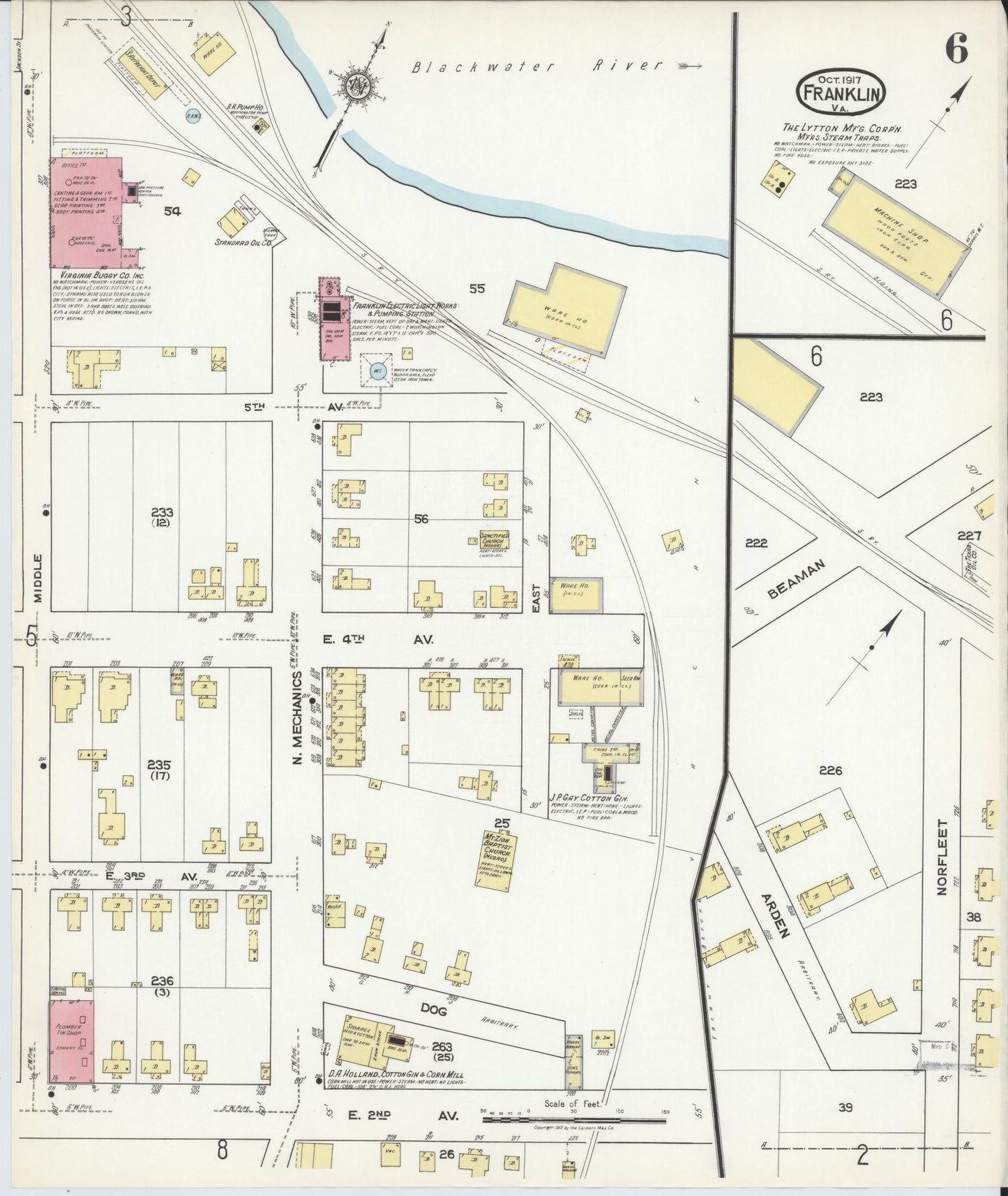 Sanborn Fire Insurance Map from Franklin, Independent Cities, Virginia (1917), Sheet #0006 - Complete Map Set gallery image, historic Sanborn map, vintage wall art, Virginia Virginia