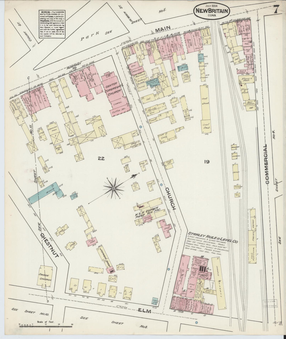 Sanborn Fire Insurance Map from New Britain, Hartford County, Connecticut (1884), Sheet #0007 - Historic Sanborn Fire Insurance Map Print, vintage old map wall art, antique decor, genealogy gift, Connecticut Connecticut map